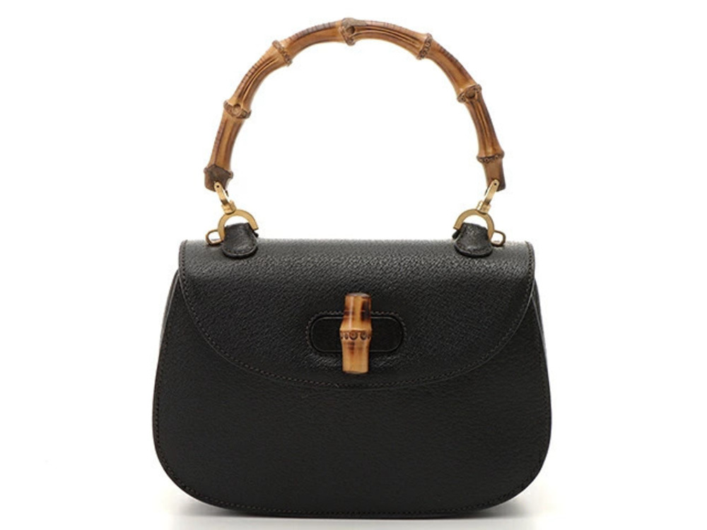 Gucci Shoulder Bag Bamboo Black Embossed Leather